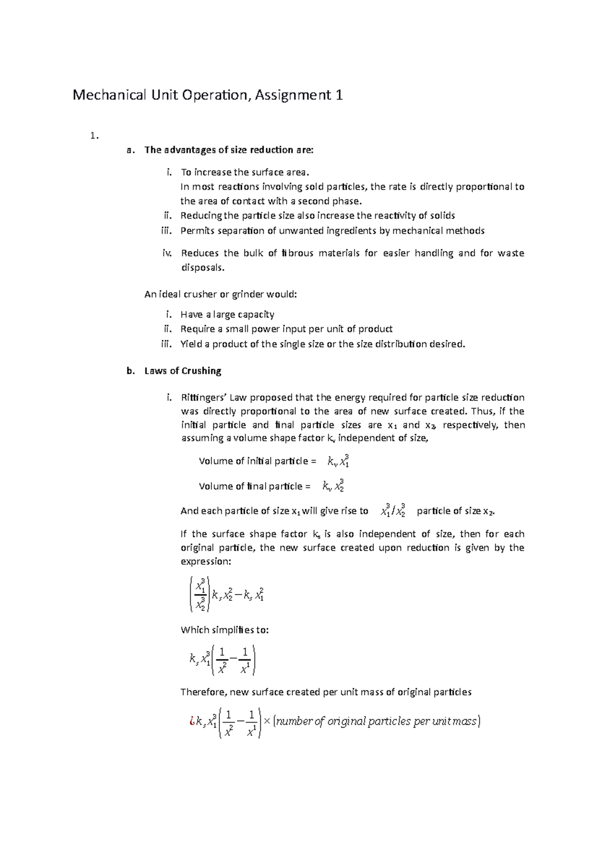 Mechanical Unit Operation Assignment 1 - a. The advantages of size ...