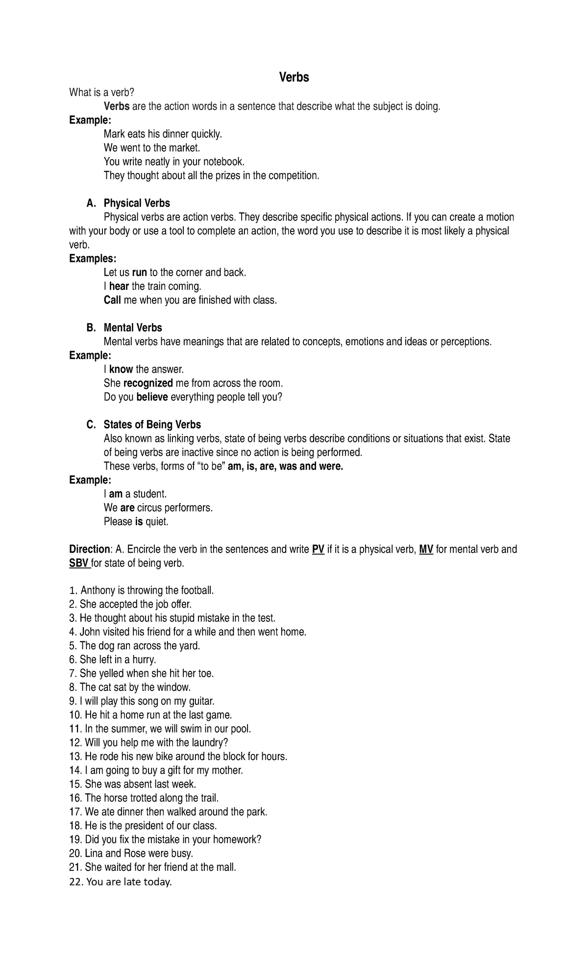 English G 7 Verb Exercises Verbs What Is A Verb Verbs Are The Action 