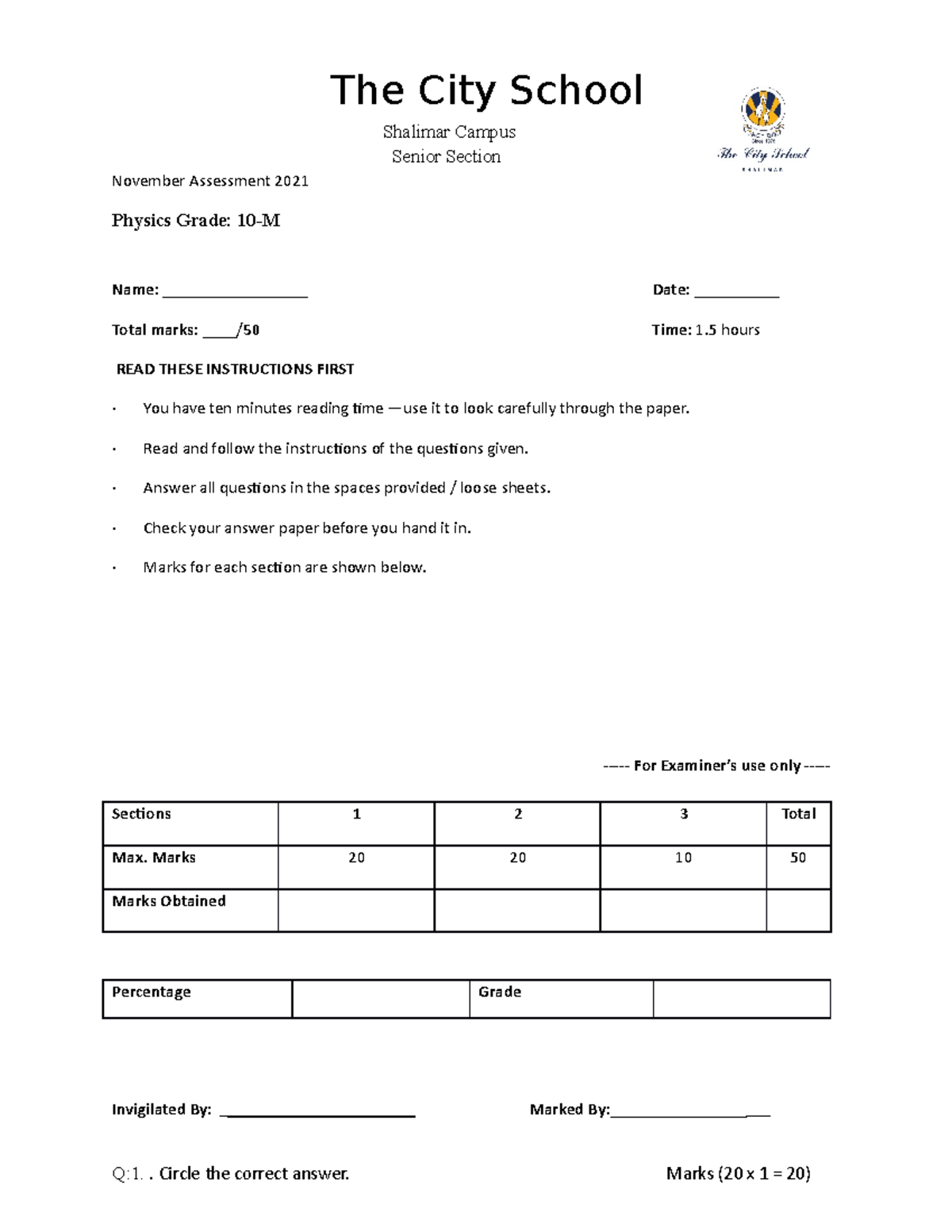 Physics-10 November'21 Assessment with cover page - The City School ...