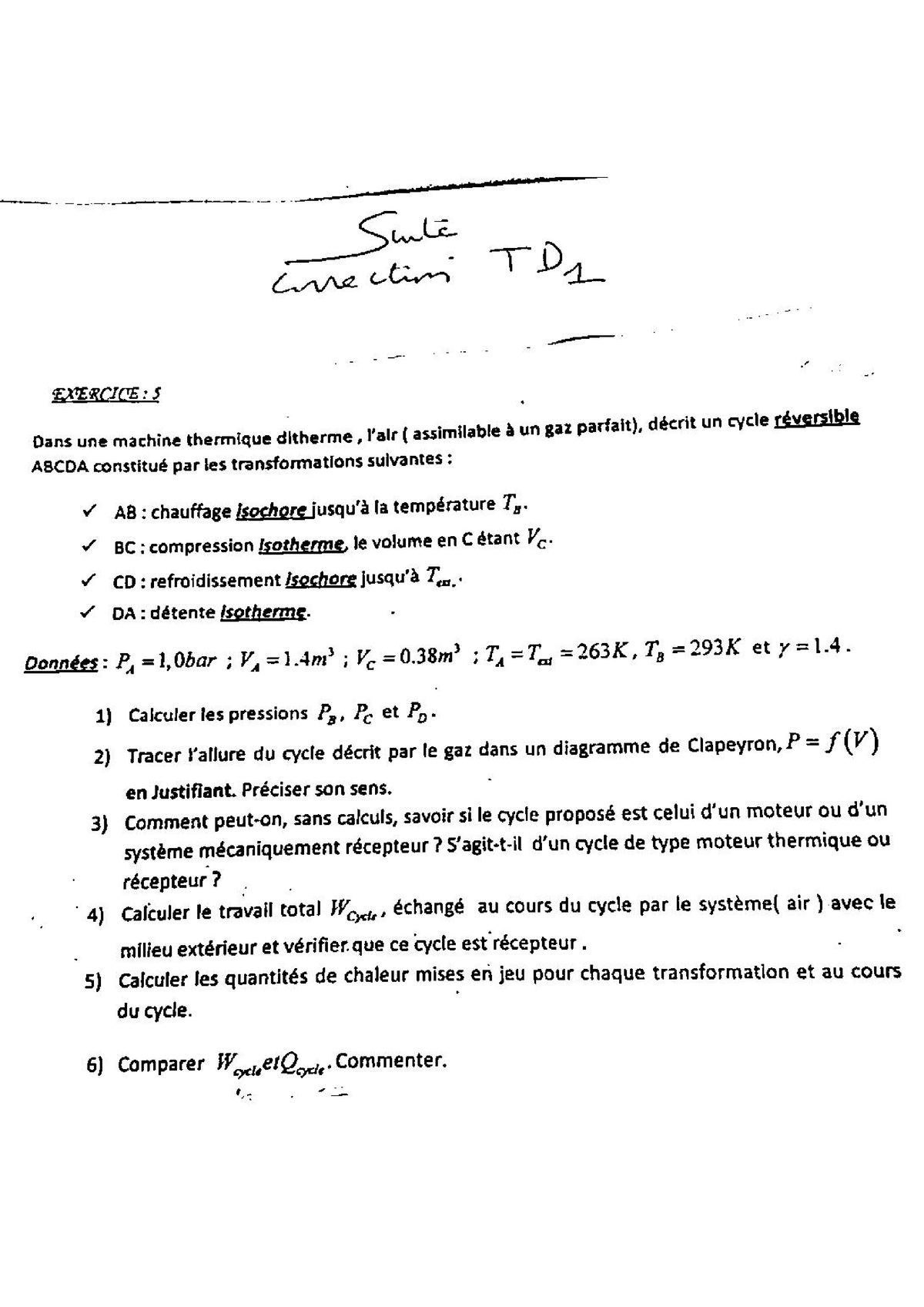 Suite Correction Td1 Exercice 5 - Thermodynamique - Studocu