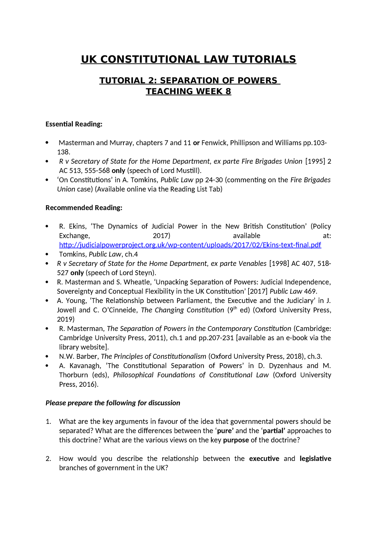 Tutorial 2 - Tagged - Separation Of Powers - UK CONSTITUTIONAL LAW ...