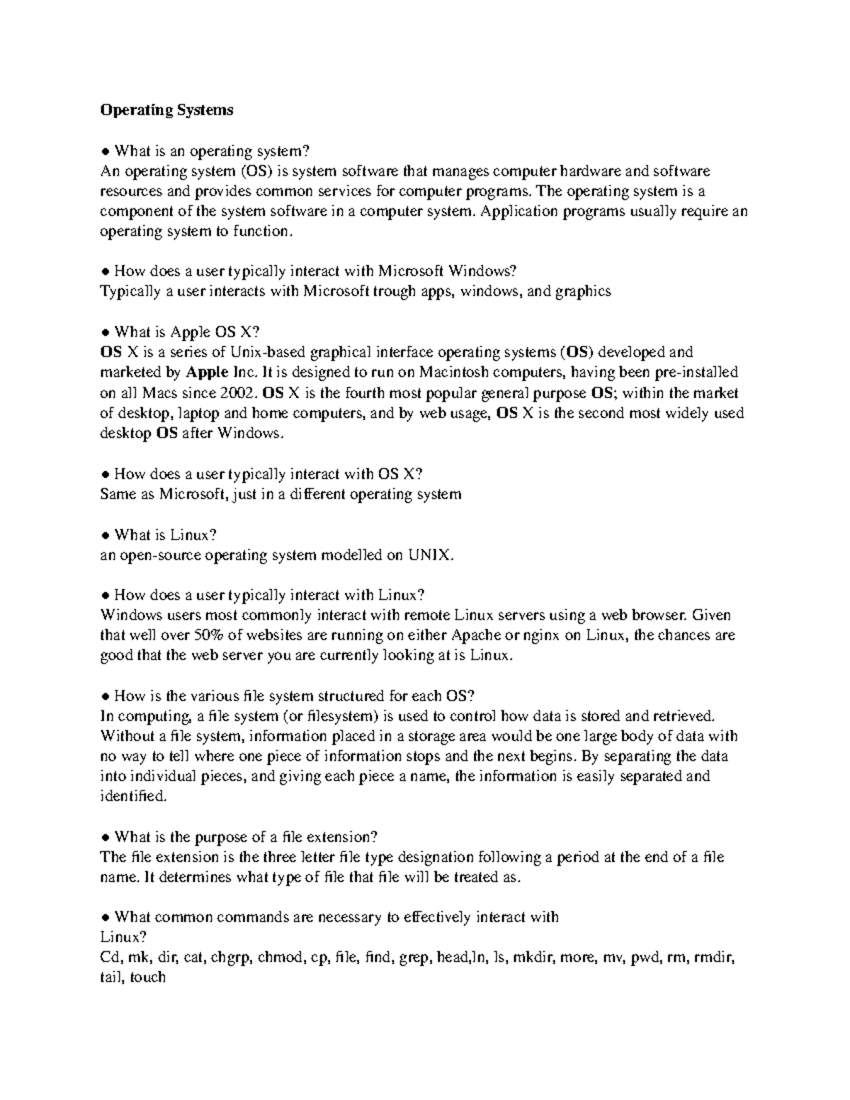 Study Guide - Project - Operating Systems What is an operating system ...