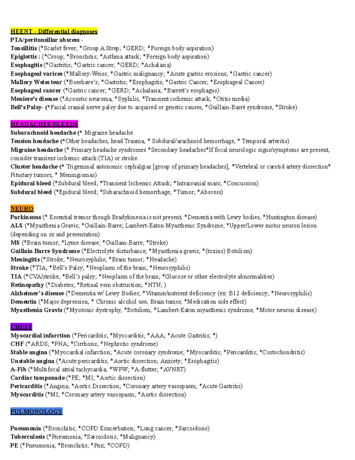 Differential Diagnoses for Common Diseases Studocu