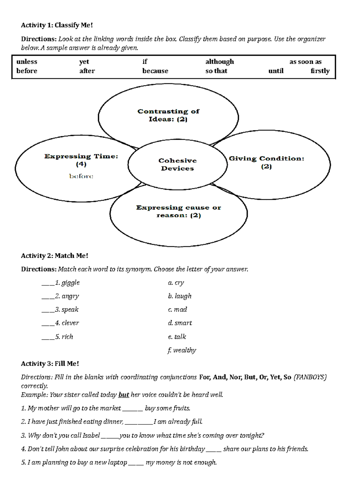 QUIZ Cohesive Devices English 8 Activity 1 Classify Me! Directions