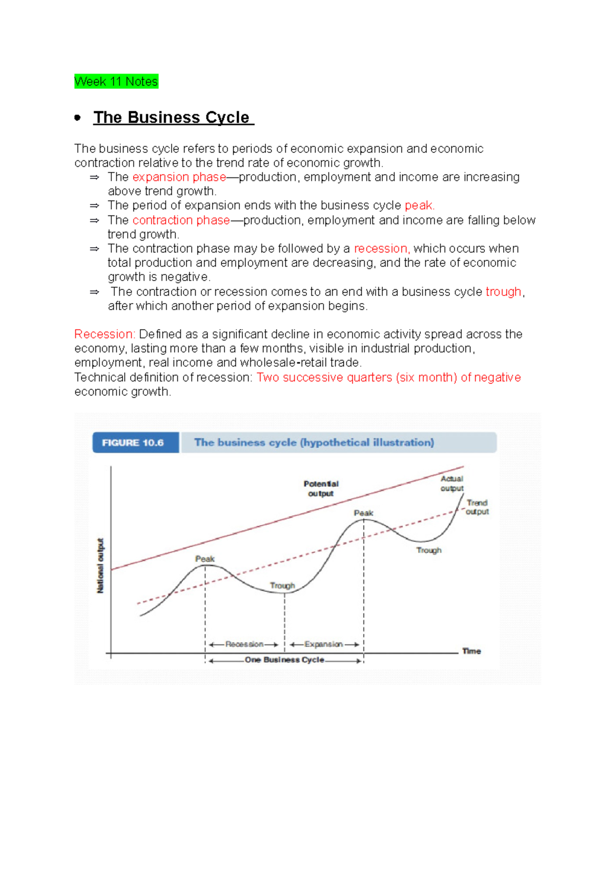 Week 11 Notes - Week 11 Notes The Business Cycle The business cycle ...