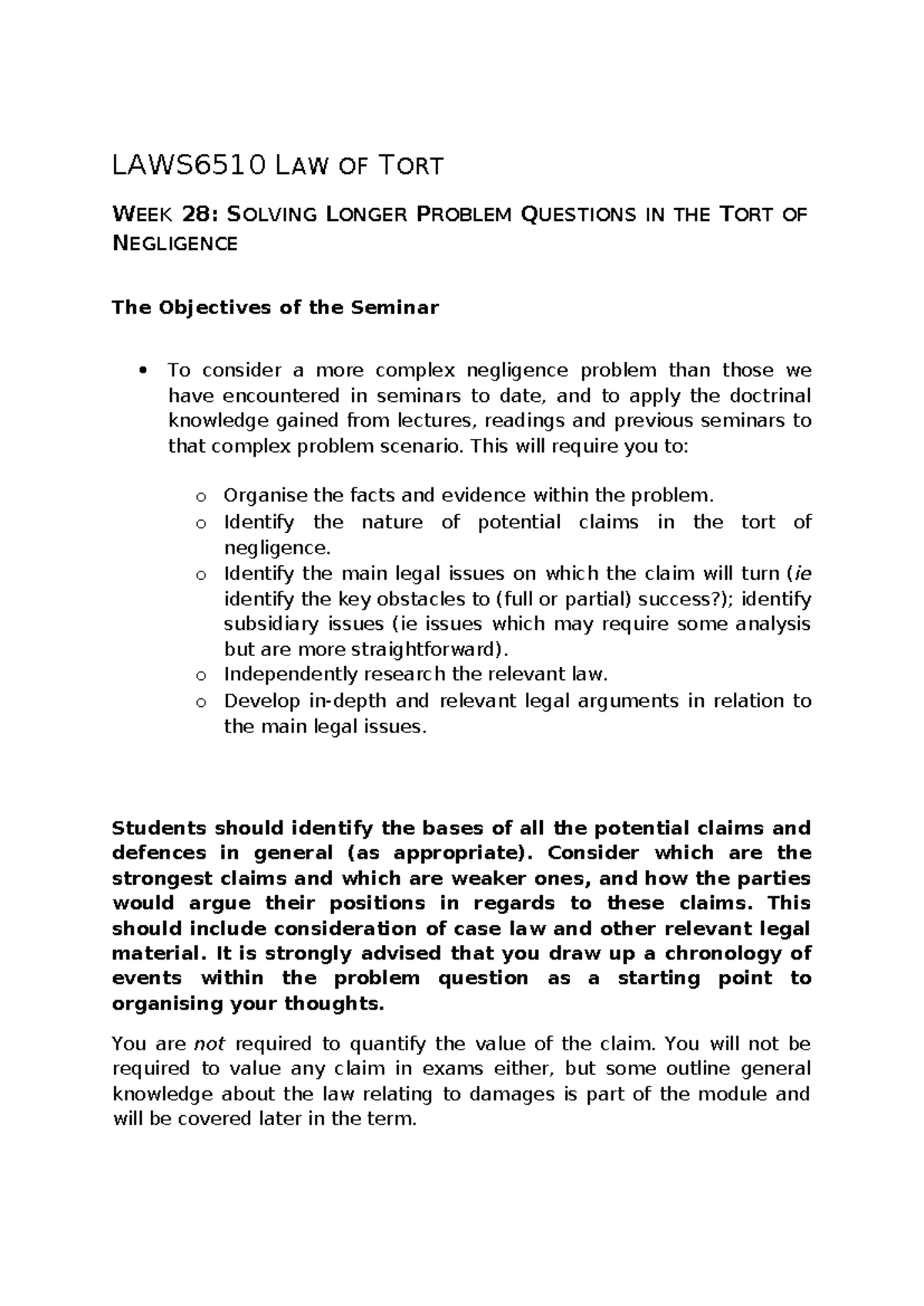 LAWS6510 Seminar Worksheet Week 28 - LAWS6510 LAW OF TORT WEEK 28 ...