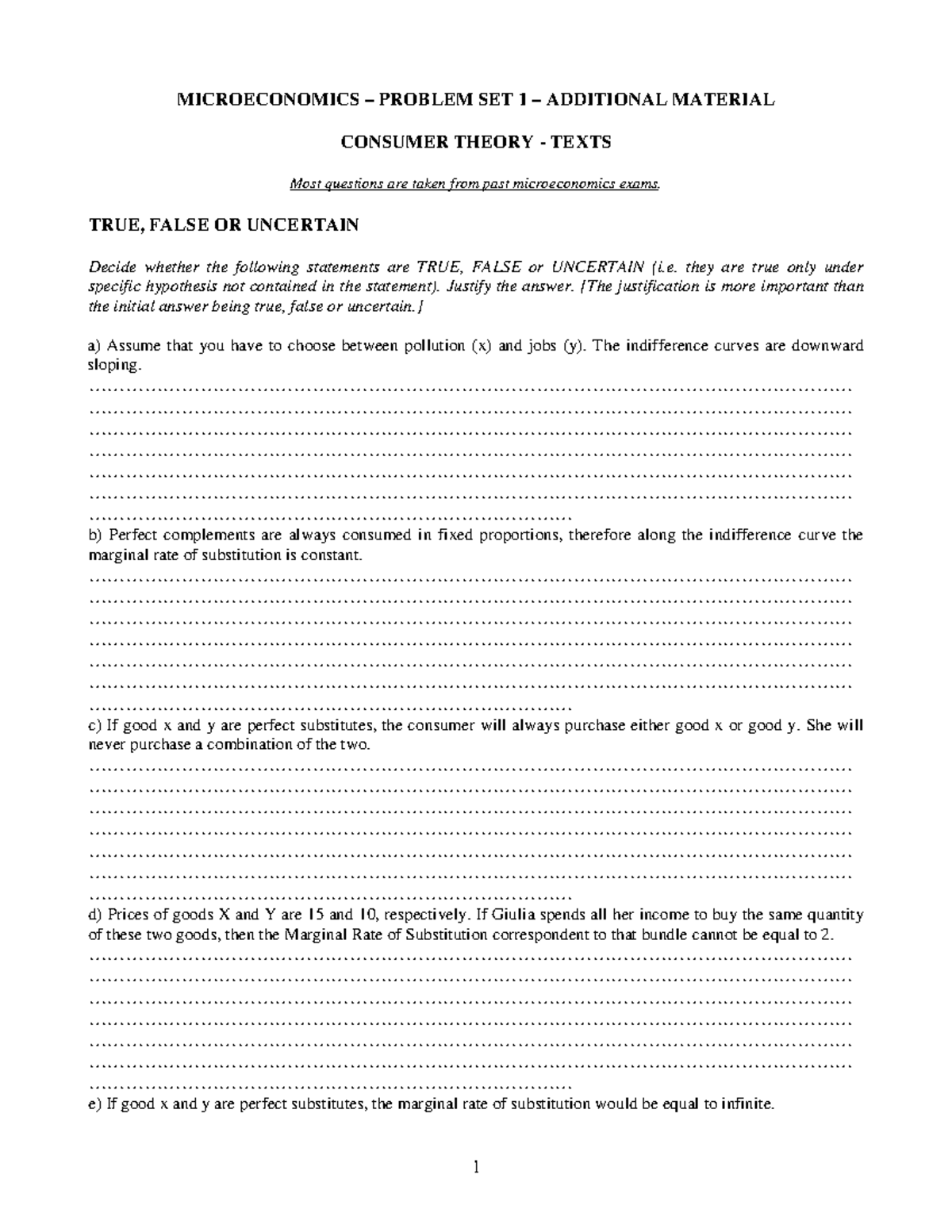 Additional PS 1 Microeconomics I partial - MICROECONOMICS – PROBLEM SET ...