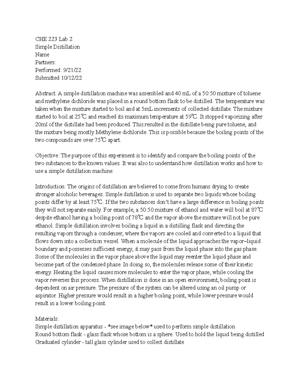 Simple Distillation Lab Report - CHE 223 Lab 2 Simple Distillation Name ...