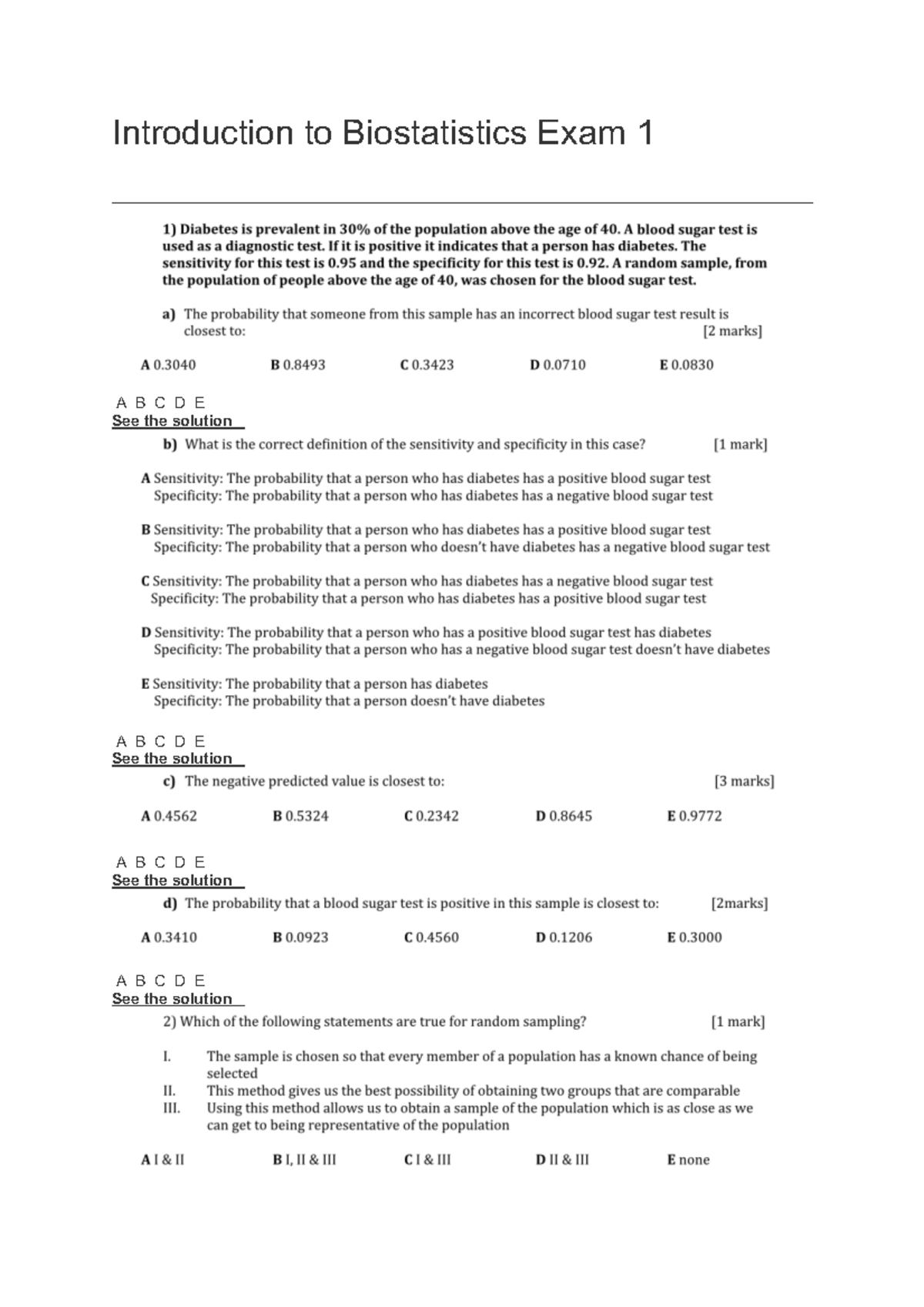 Introduction to Biostatistics Exam 1 - Studocu