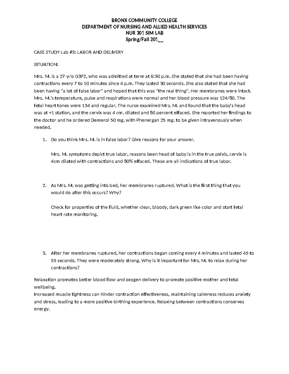 NUR 301 CASE Study LAB 3 Labor and Delivery DEPARTMENT OF NURSING AND