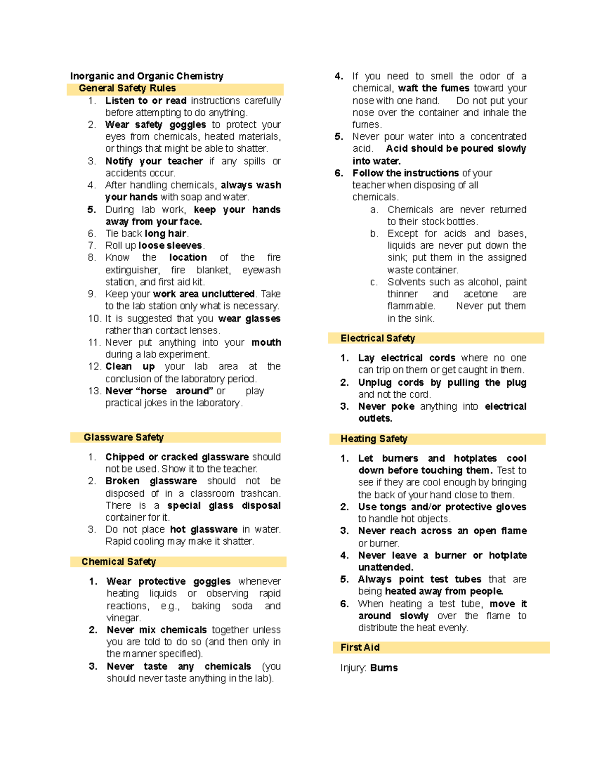 Chem Lab Safety Rules Notes and Organic Chemistry General