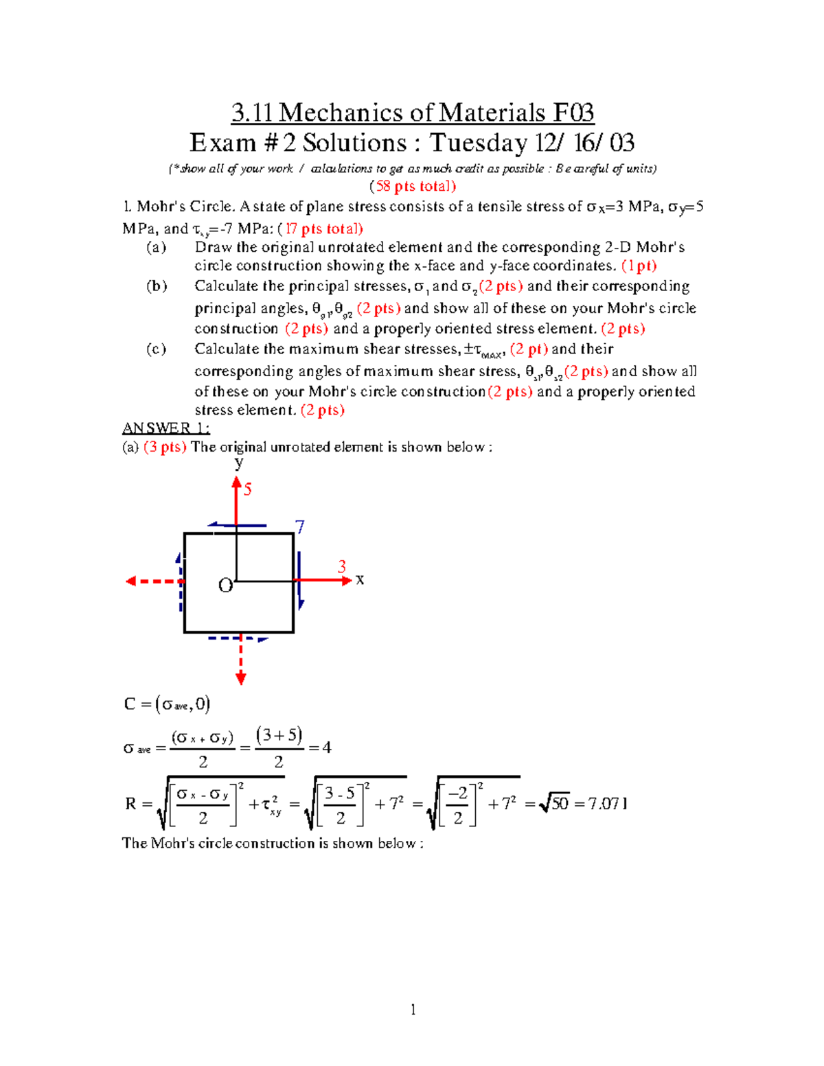 Soldis of Mechanics Exam 3 - 3 Mechanics of Materials F03 E xam 2 ...