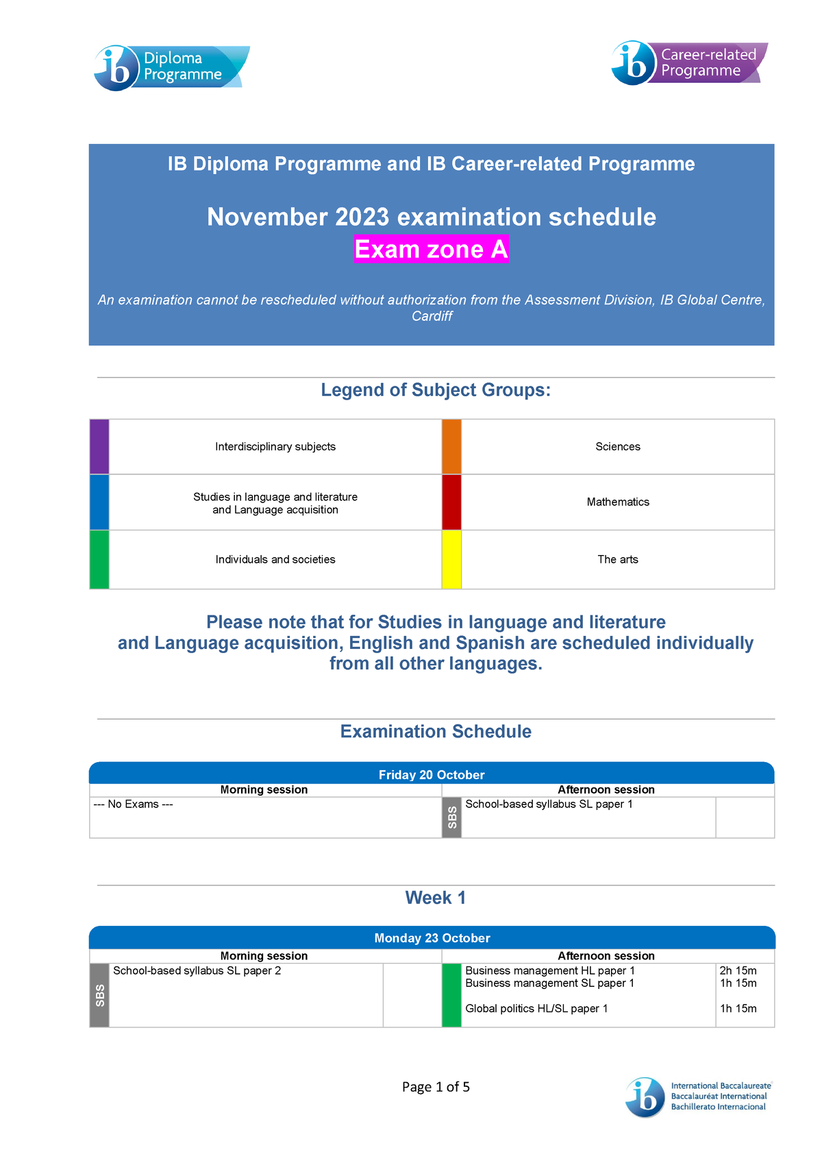 Nov 2023 IB Exam schedule Zone A IB Diploma Programme and IB Career
