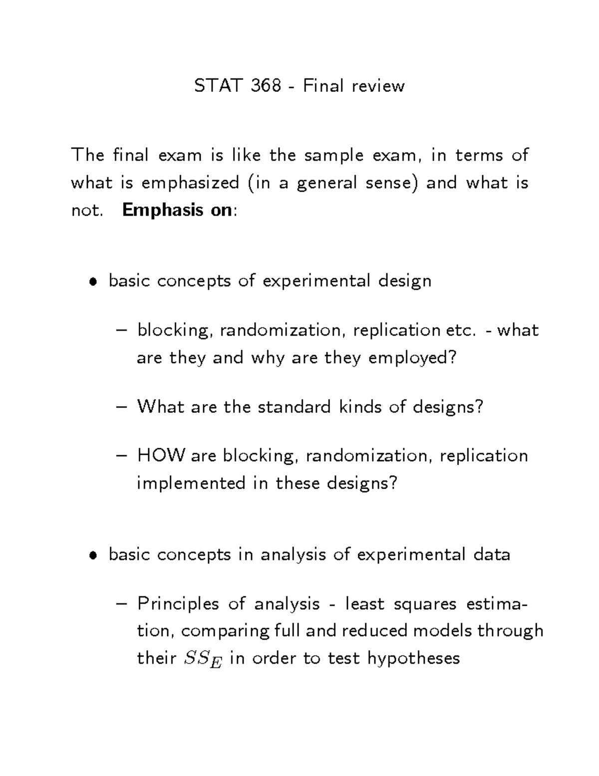 368review 2 - STAT 368 - Final review The final exam is like the sample ...