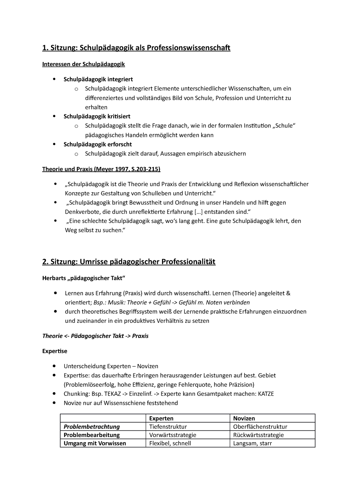 Zusammenfassung der Zusammenfassung - 1. Sitzung: Schulpädagogik als ...