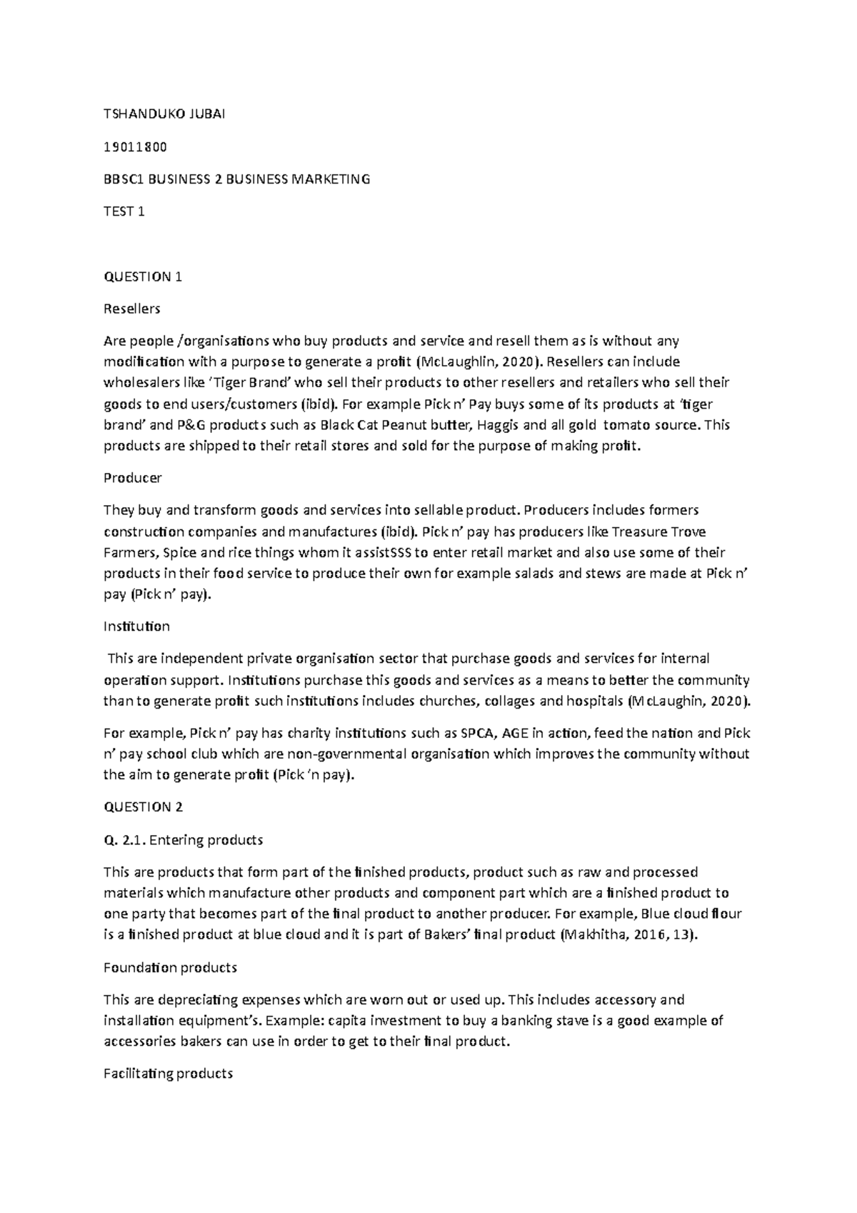 B2B Marketing test 1 - TSHANDUKO JUBAI 19011800 BBSC1 BUSINESS 2 ...