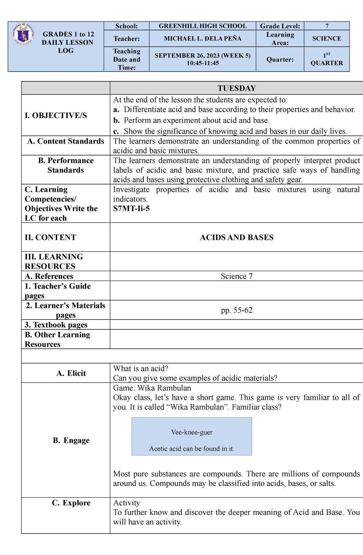 W5d2 - Science 7 Acid and Base - GRADES 1 to 12 DAILY LESSON LOG School ...