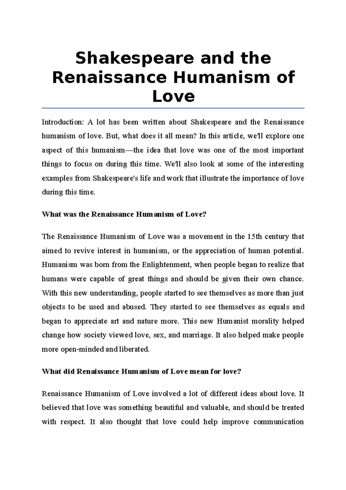 Shakespeare and the Renaissance Humanism of Love But, what does it