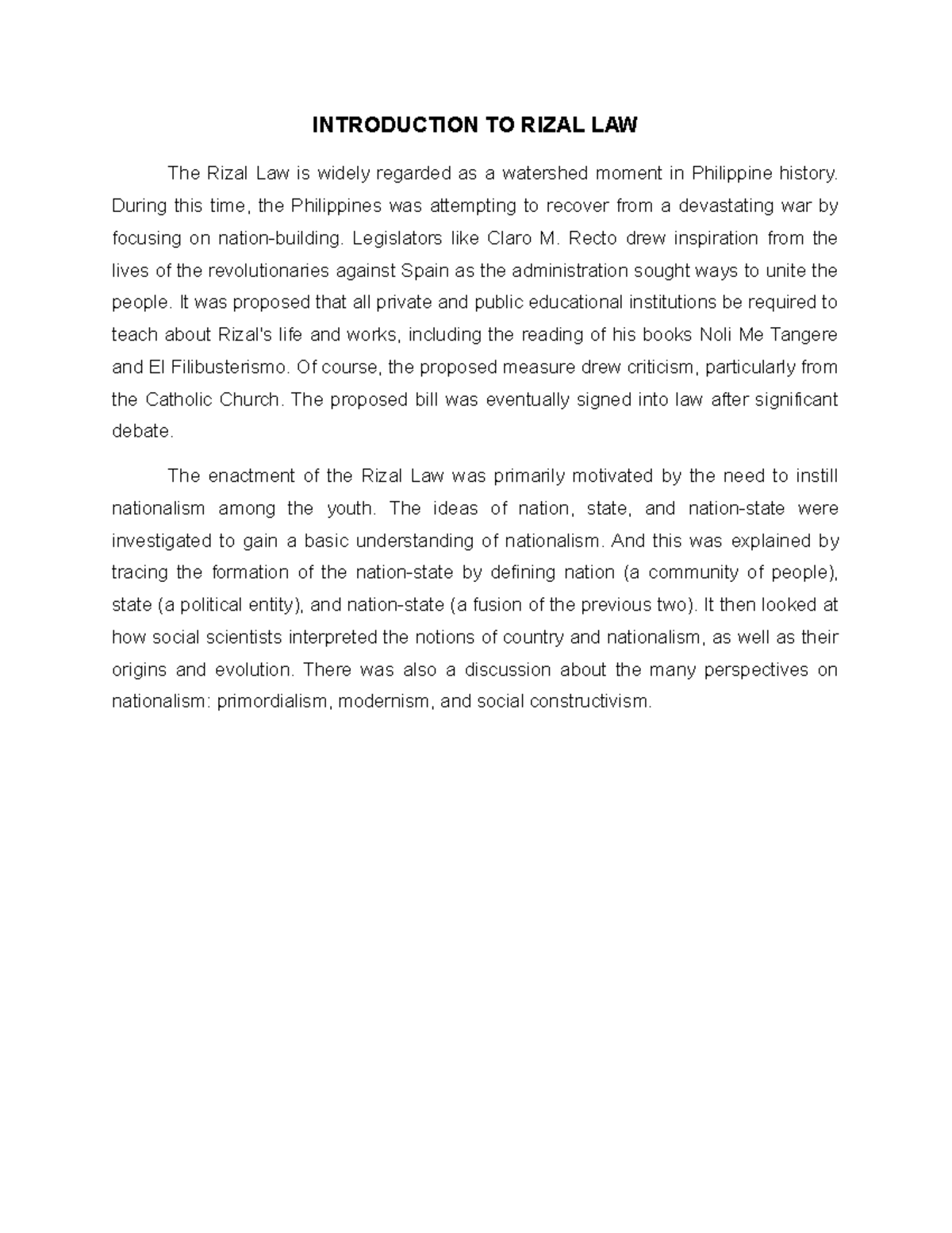 essay about rizal law