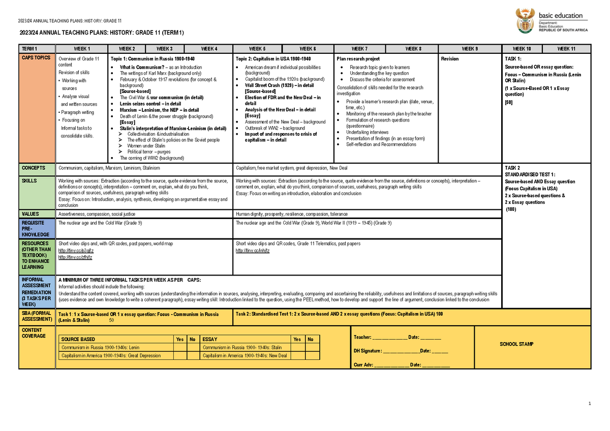 ‎grade 11 ATP grade 11 guide 2023/24 ANNUAL TEACHING PLANS HISTORY