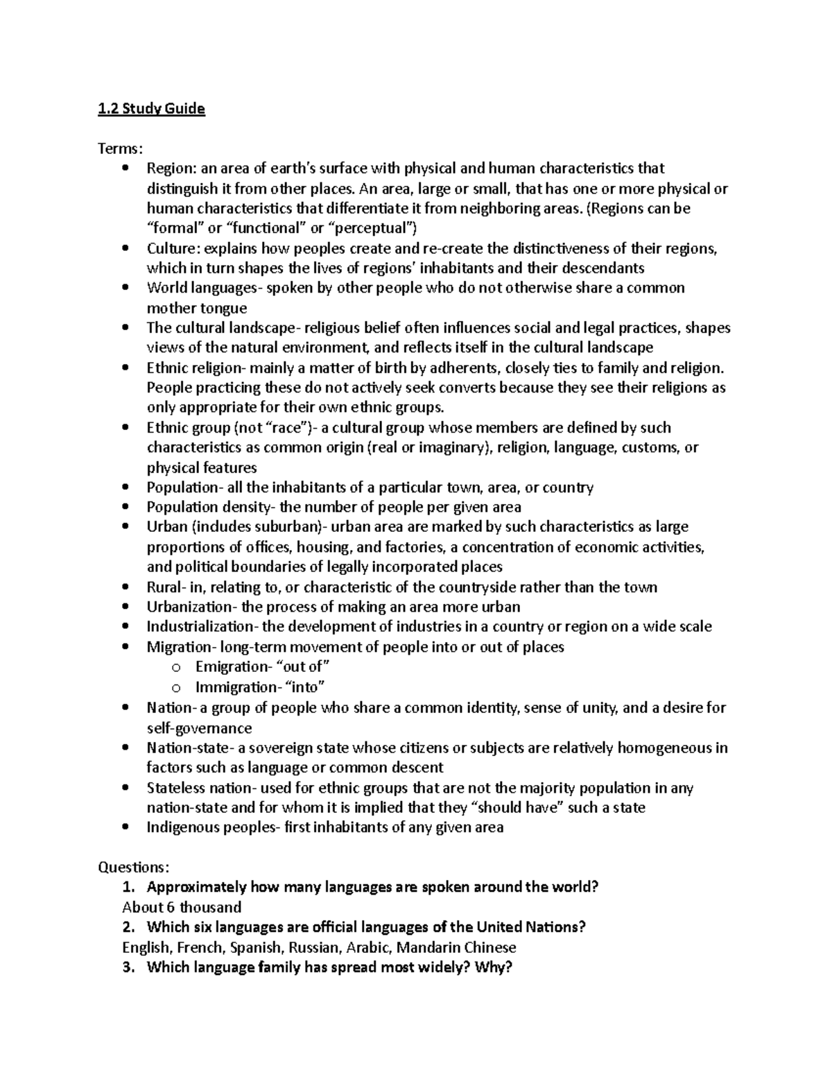 Geo 1.2 study guide - 1 Study Guide Terms: Region: an area of earth’s ...