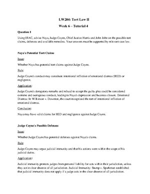LW204 Tutorial 2 - For educational purposes only. - LW204: Torts Law II ...