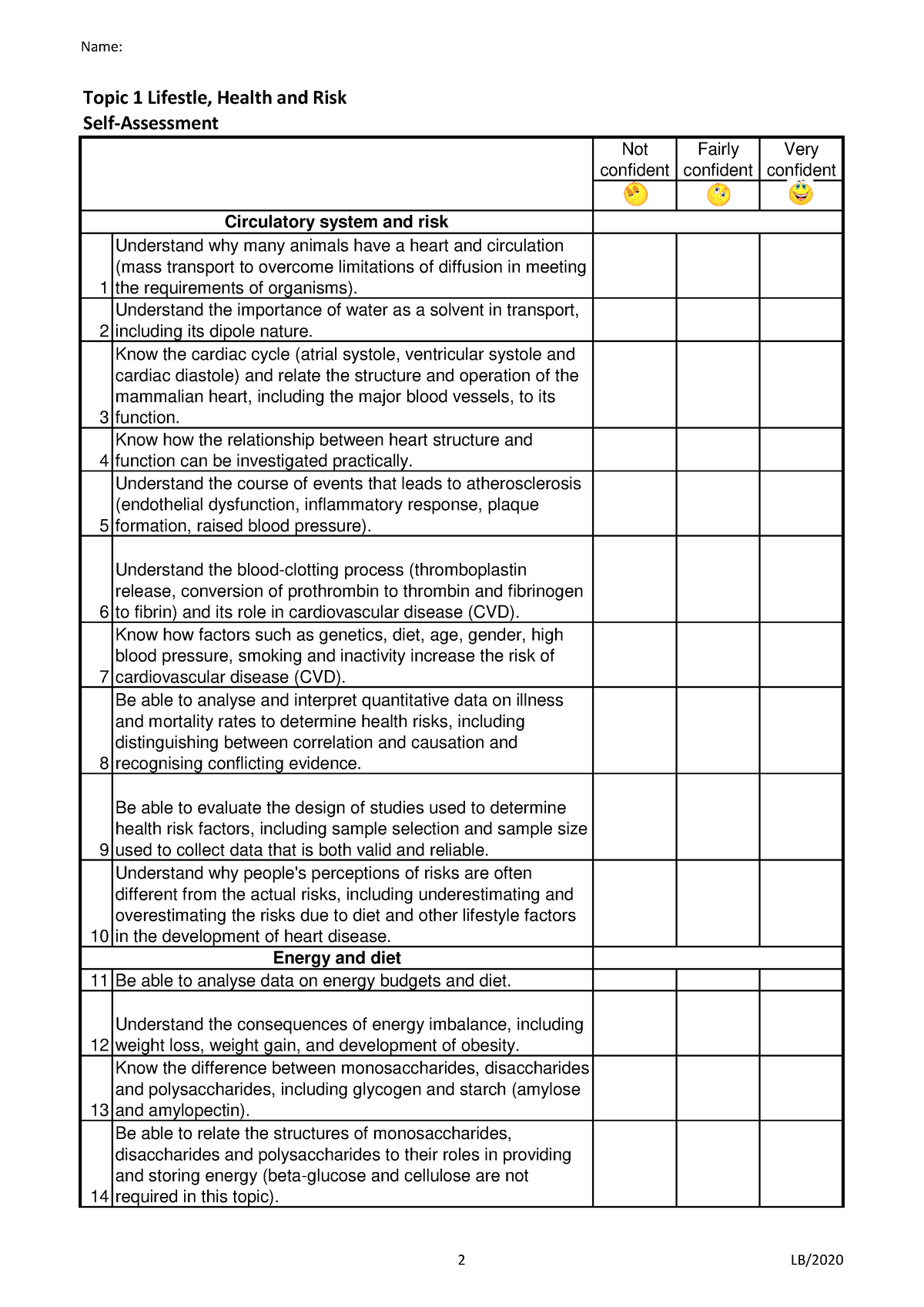 Topic 1 Student Learning Checklist - Name: Self-Assessment Not ...