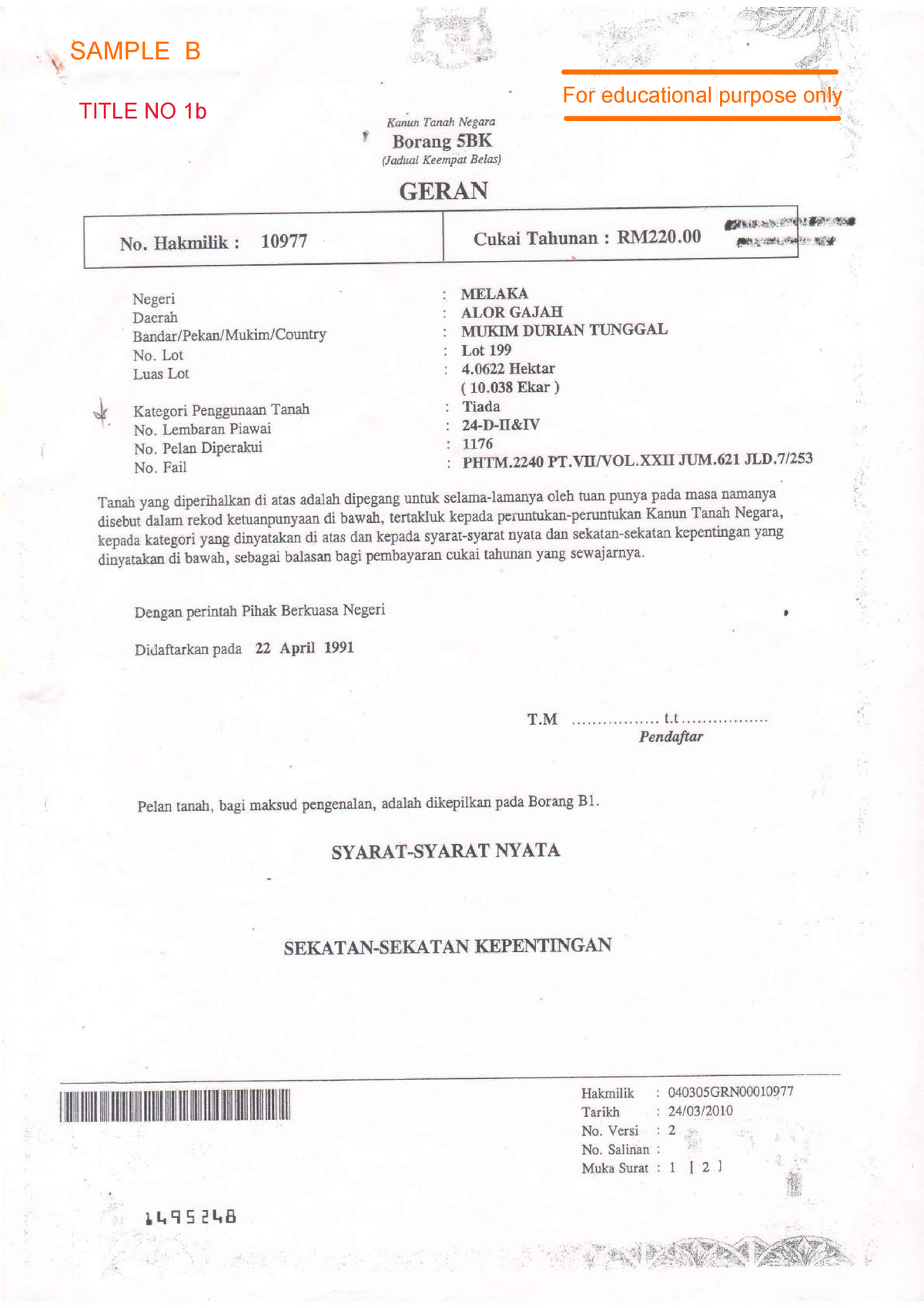 LAND TITLE SAMPLE FOR PROJECT 1. PDF FORMAT - Land law - MMU - Studocu