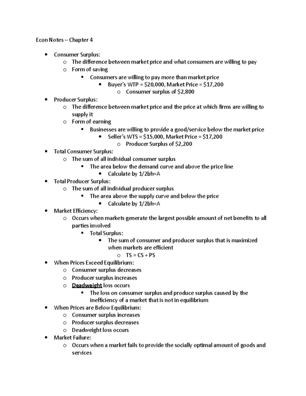 ECO 2013 Notes – Chapter 4 - Econ Notes – Chapter 4 Consumer Surplus: o ...