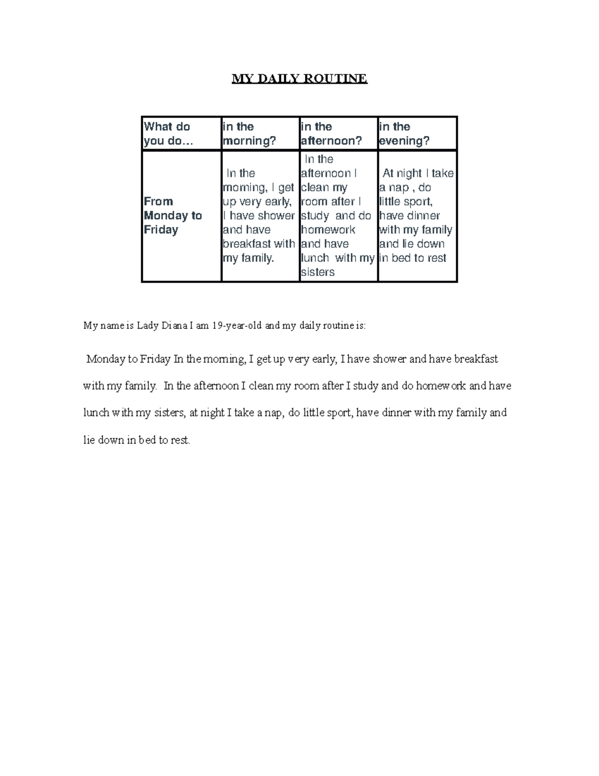 T1 - MY DAILY ROUTINE My name is Lady Diana I am 19-year-old and my ...