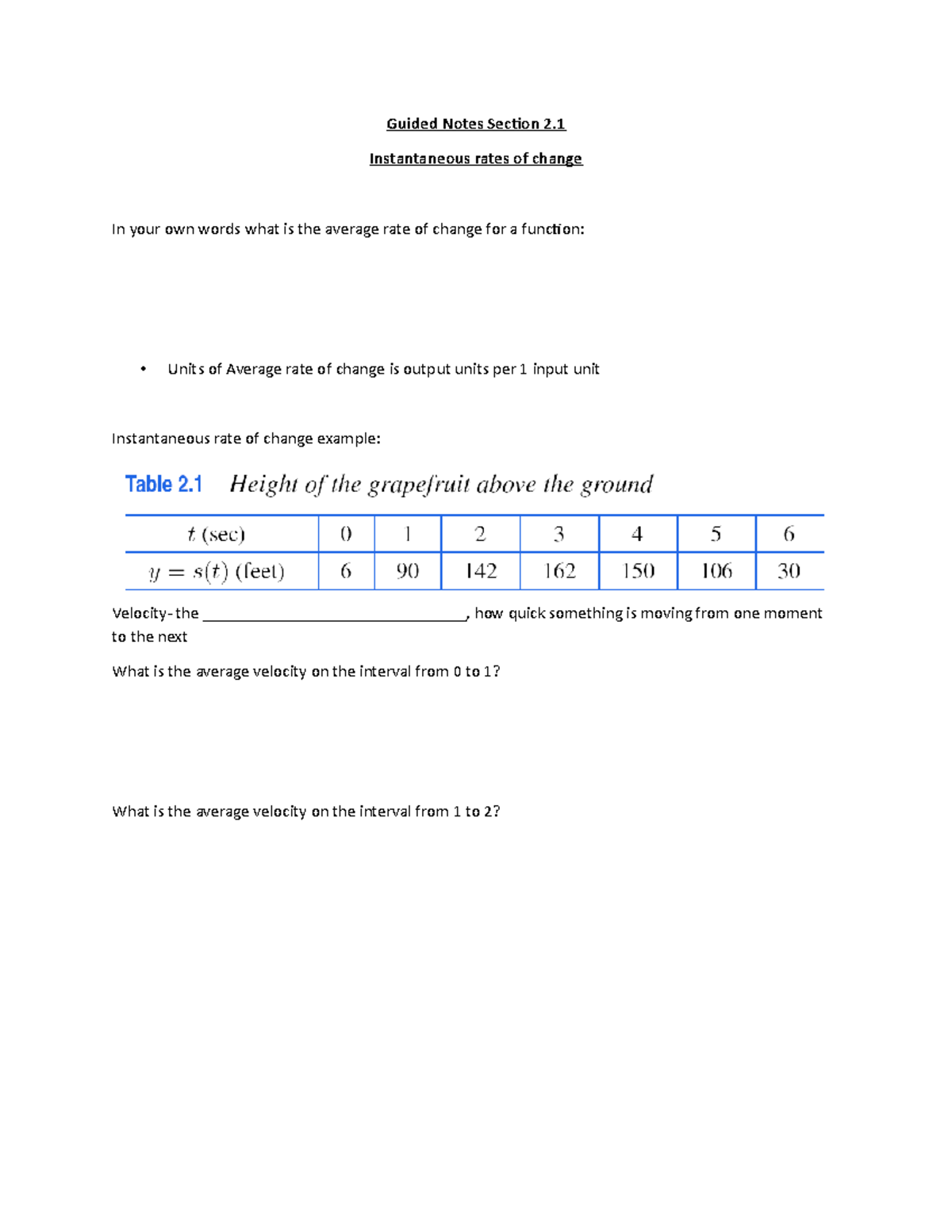 Guided Notes Section 2 Instantaneous rates of change In your own
