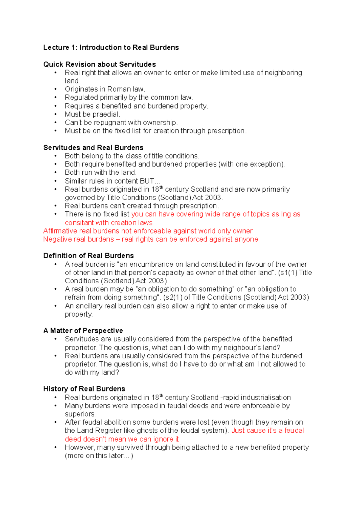 L1 Servitudes and Real Burdens Lecture 1 Introduction to Real Burdens Quick Revision about