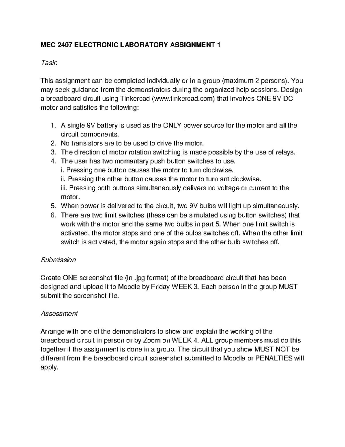 Electronic Laboratory 1 MEC 2407 ELECTRONIC LABORATORY ASSIGNMENT 1