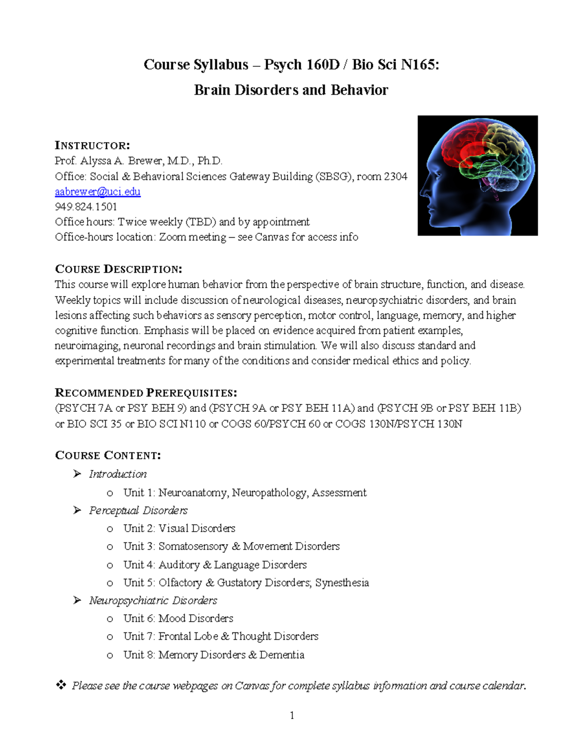 Brewer-Syllabus Brain Disordersand Behavior Summeronline 2023 - Course ...