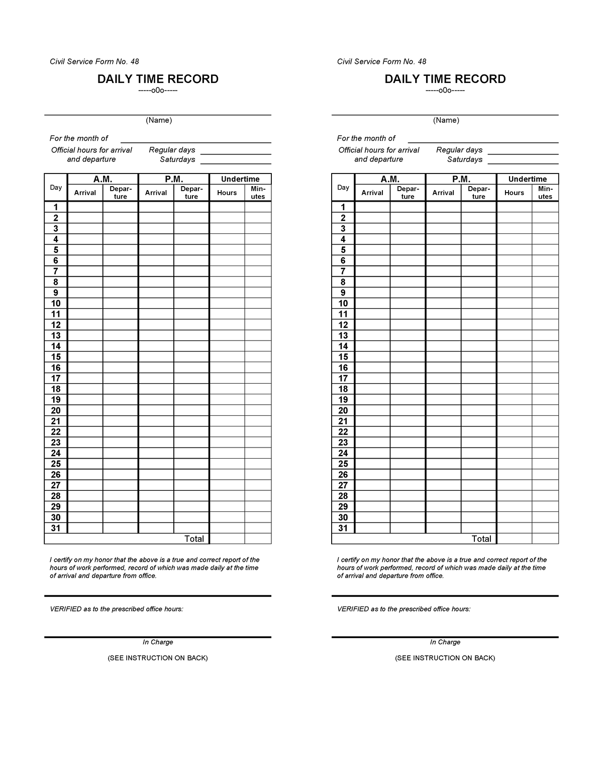 CSC Form 48 Daily Time Record (DTR) - Civil Service Form No. 48 DAILY ...