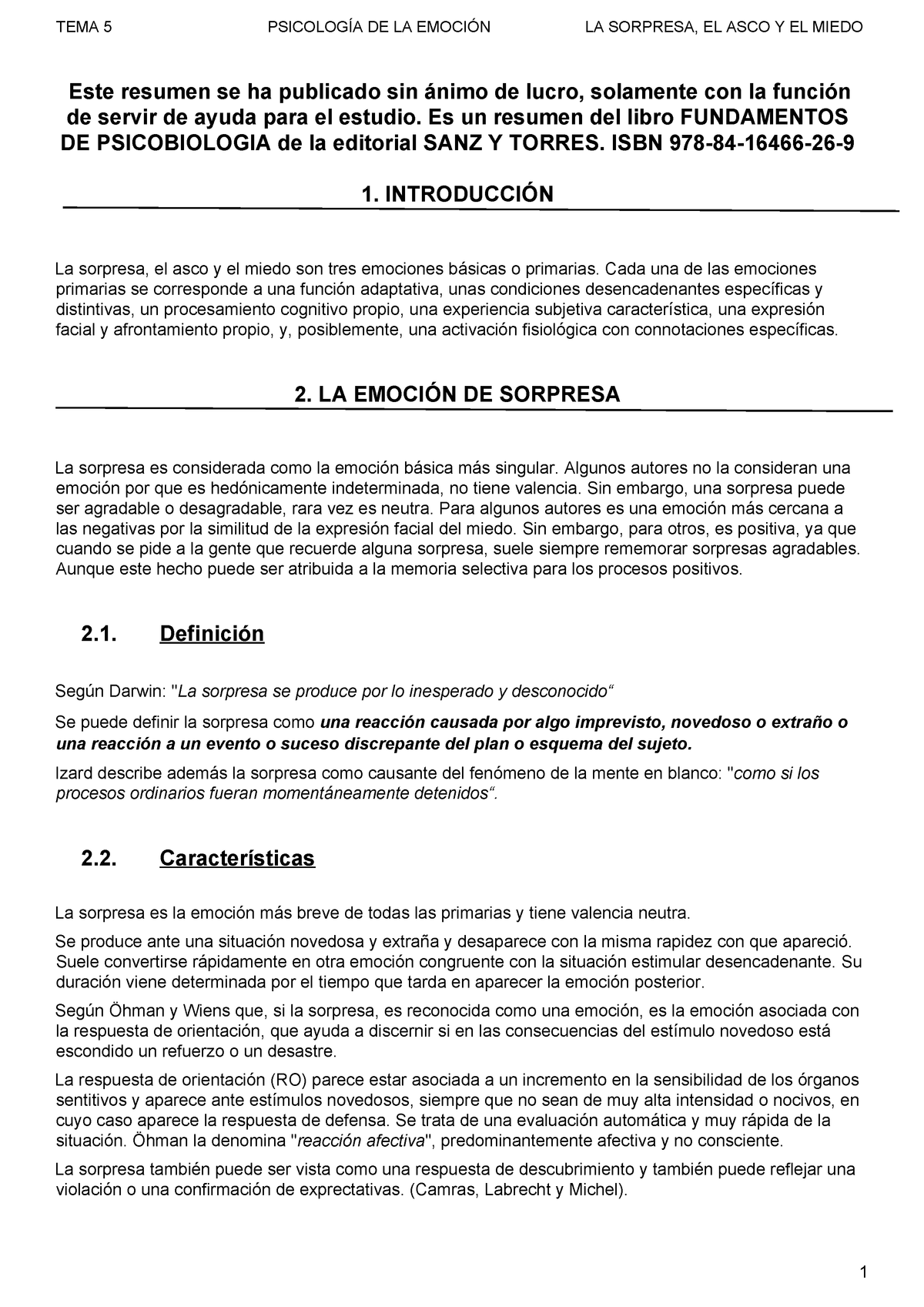 Tema 5 Psicologia De La Emocion La Sorpresa El Asco Y El Miedo Studocu