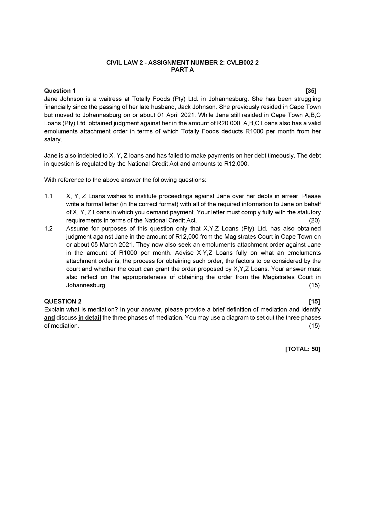 Civil Law Assignment 2 Part A - CIVIL LAW 2 - ASSIGNMENT NUMBER 2 ...