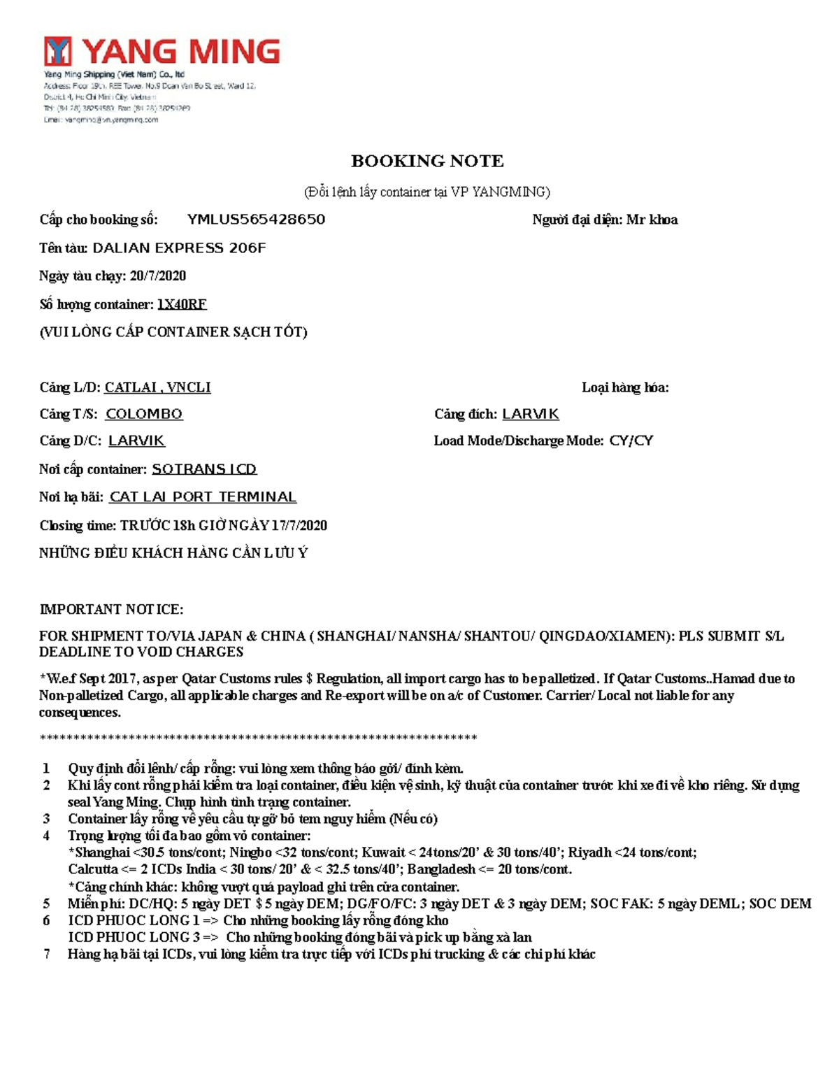 Booking NOTE - BOOKING NOTE (Đổi lệnh lấy container tại VP YANGMING ...