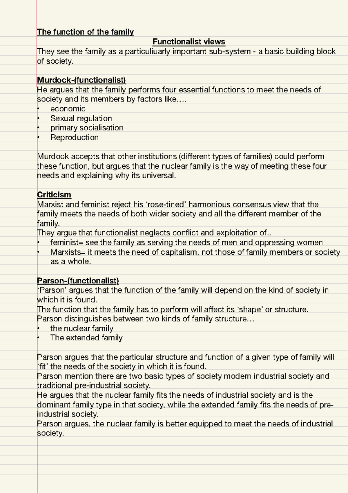Role And Function (topic 3) - The function of the family Functionalist ...