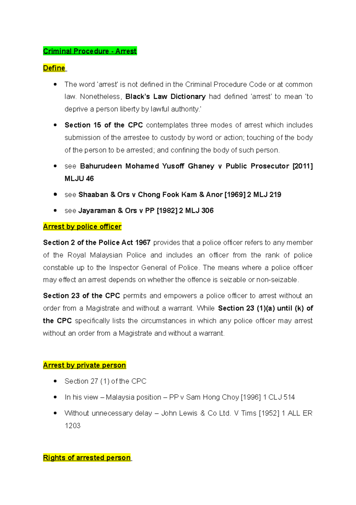 Criminal Procedure Brief Notes on the Topic of Arrest Criminal