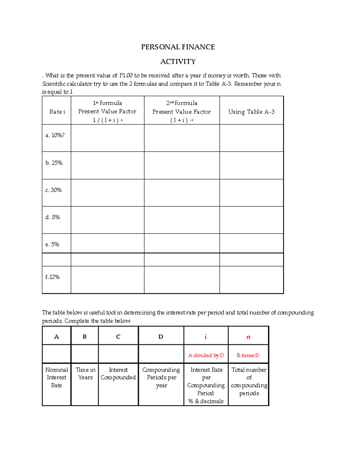 Personal Finance - Activity 3 - PERSONAL FINANCE ACTIVITY . What is the ...