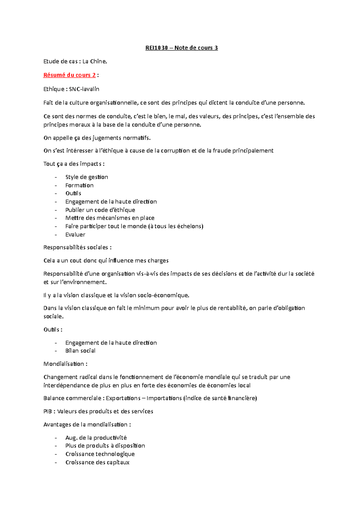 Note de cours 3 - Résumé du cours 2 : Ethique : SNC-lavalin Fait de la ...