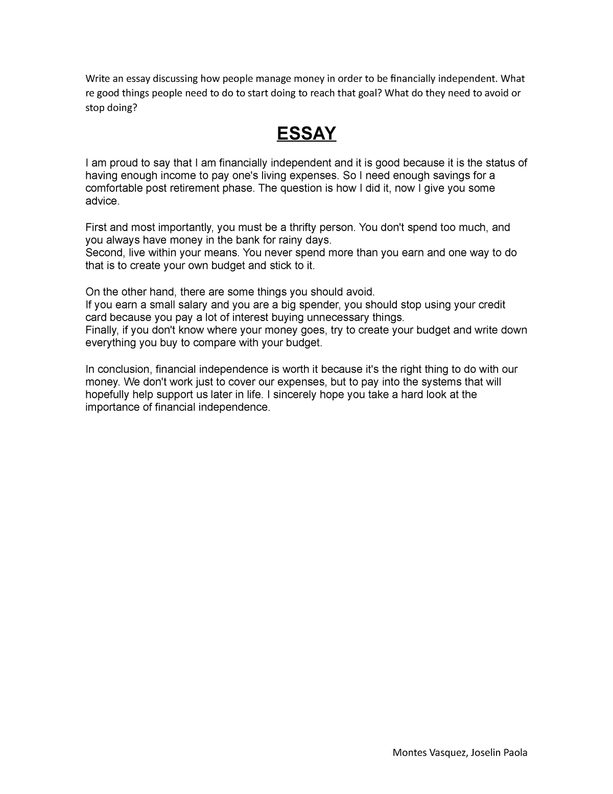 essay on financially independent