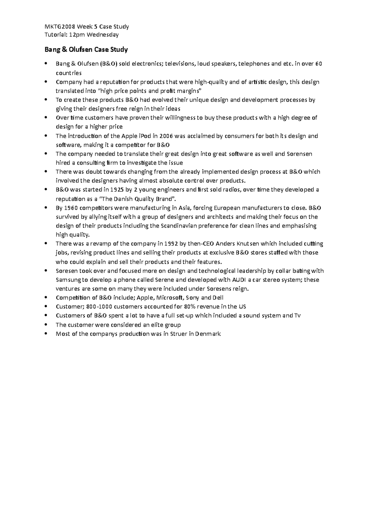 Week 5 Bang & Olufsen Case Study - MKTG2008 Week 5 Case Study Tutorial ...