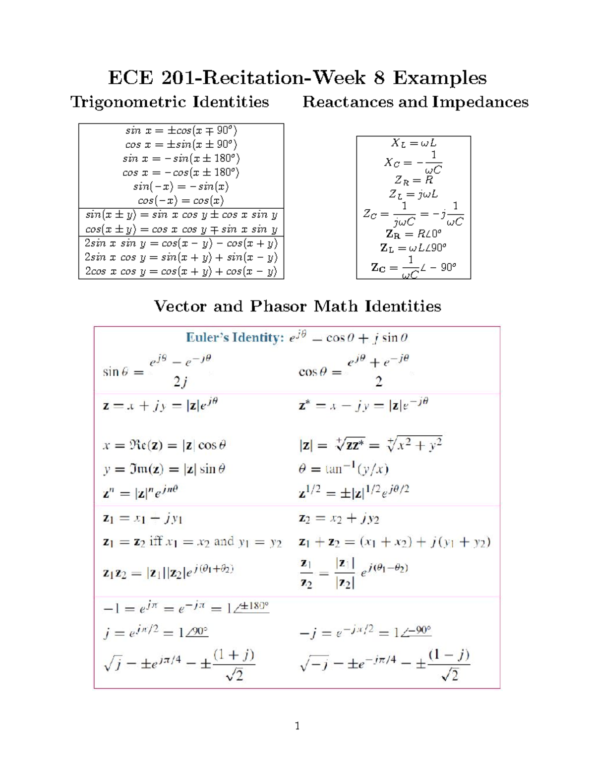 Peters Week 8 Examples - week 8 notes - ECE 8 Examples Trigonometric ...