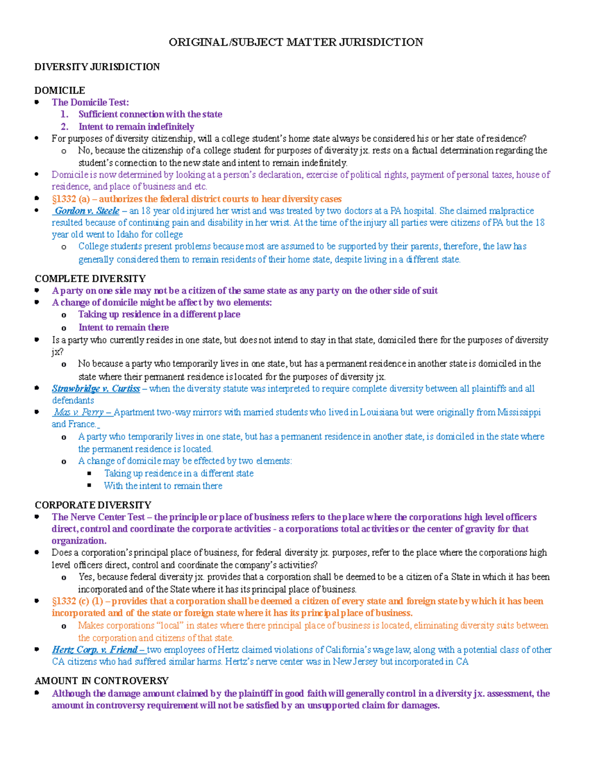 CIV PRO II Outline - Jordan - ORIGINAL/SUBJECT MATTER JURISDICTION ...