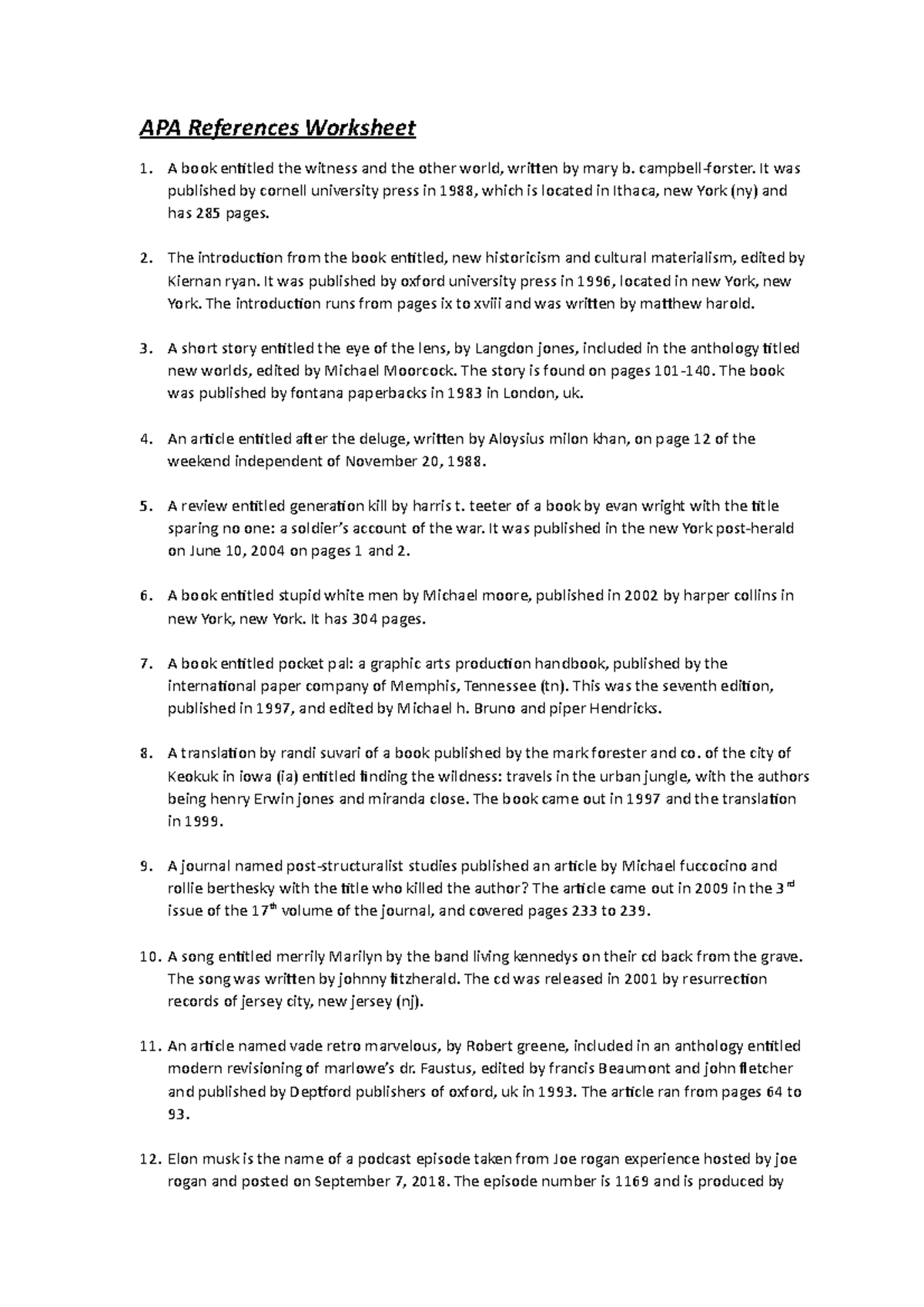 APA Worksheet 2020 - APA References Worksheet A book entitled the ...