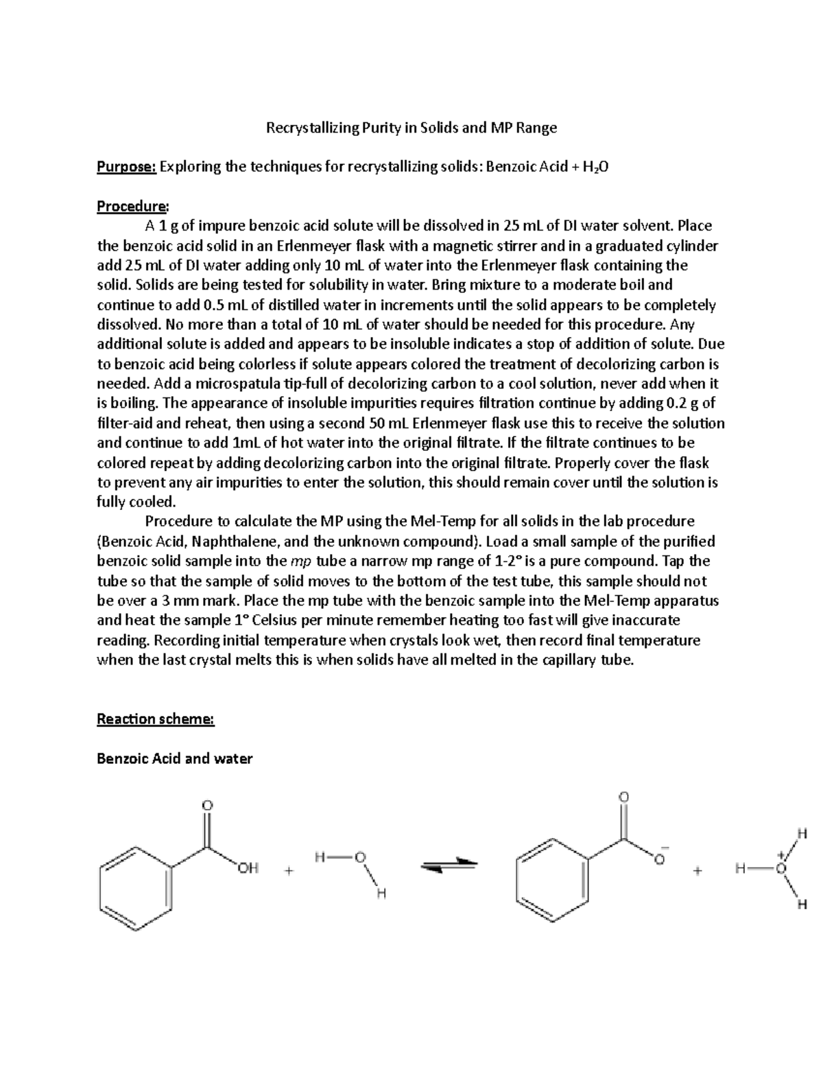 Recrystallization PRE LAB Recrystallizing Purity in Solids and MP