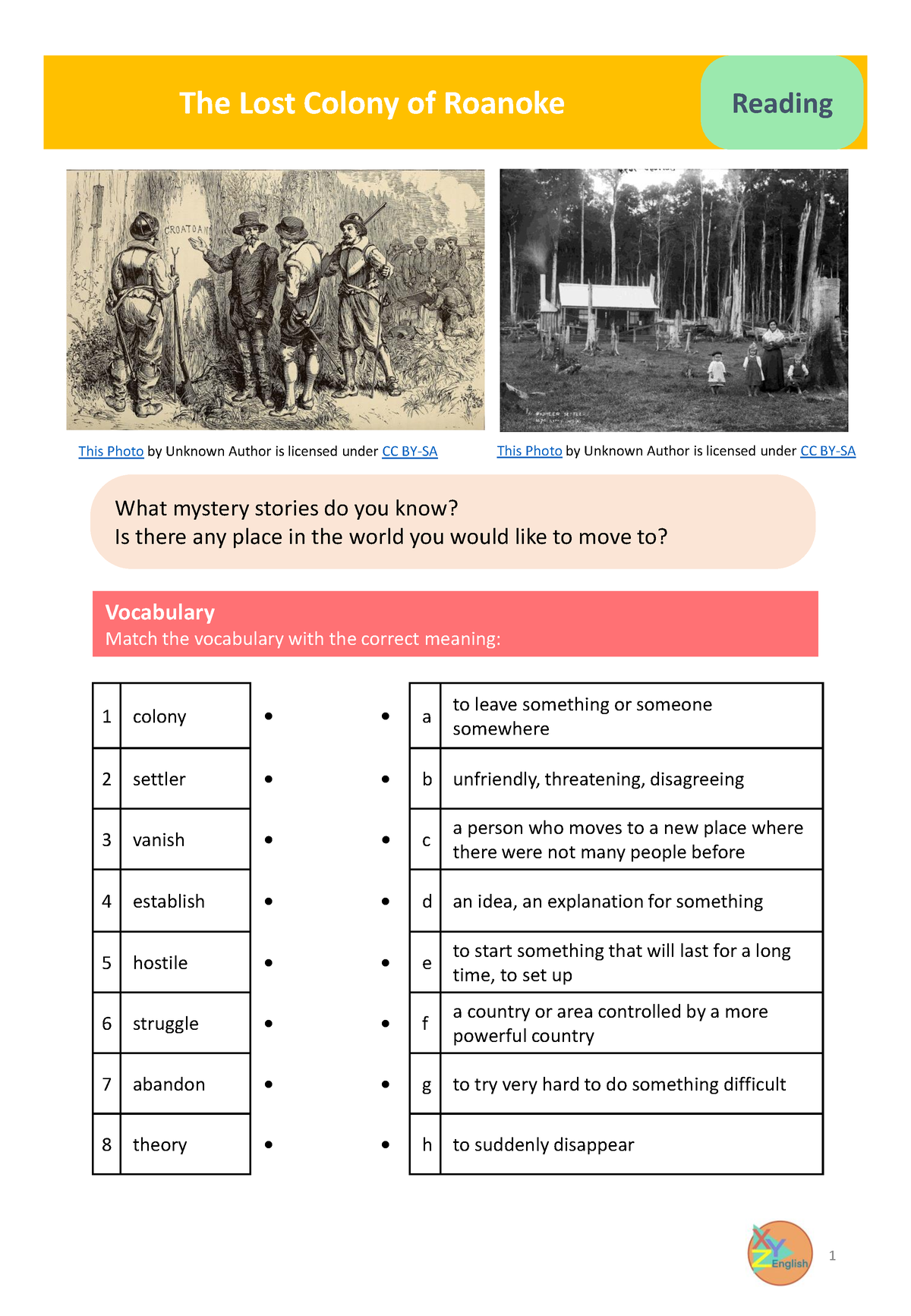 Reading Worksheet The Lost Colonyof Roanoke-1 - 1 Colony • • A To Leave ...