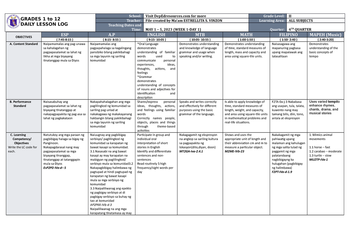 DLL ALL Subjects 2 Q4 W1 D1 - GRADES 1 to 12 DAILY LESSON LOG School ...